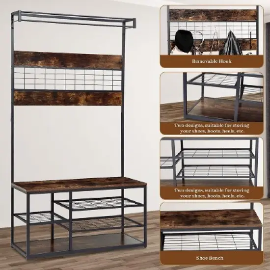 Entryway Storage Bench, 3-Tier Industrial Shoe Rack with 5 Coat Hooks, Rustic Wood Style Hall Tree for Home/Closet Organization image {2}