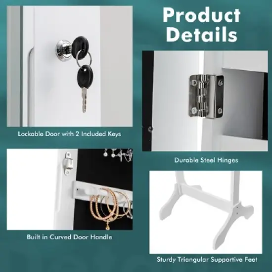 Costway Standing Jewelry Cabinet Armoire Organizer LED Light Mirror Lockable White image {5}