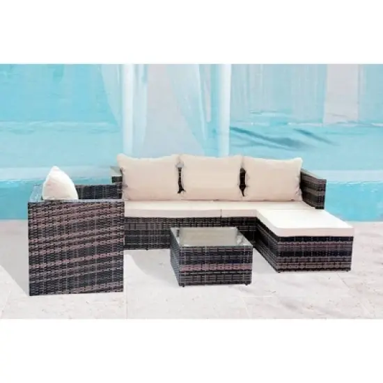 4pc Wicker Patio Sectional Seating Set with Sofa, Arm Chair, Ottoman & Accent Table - Brown/Beige - GODEER image {2}