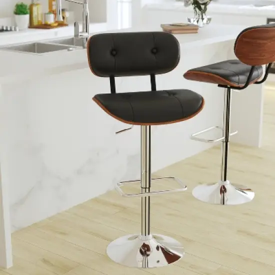 Merrick Lane Adjustable Height Barstool Contemporary Black Vinyl Tufted Bentwood Counter Stool with Chrome Base & Integrated Footrest image {7}