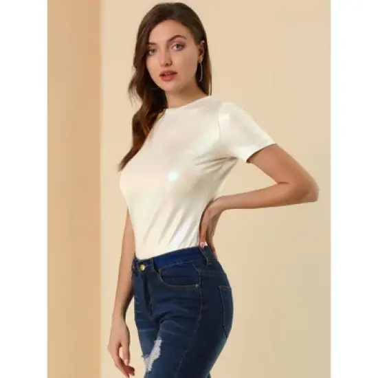 Allegra K Women's Party Metallic Textured Short Sleeve Shiny T-shirts image {3}