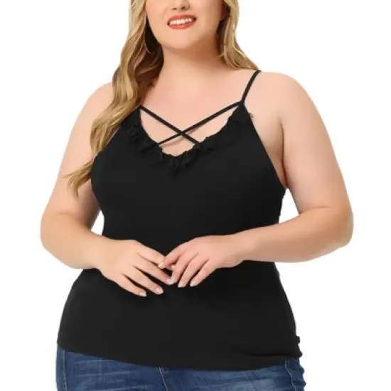 Agnes Orinda Plus Size Camisole for Women Contrast Lace Criss Cross V Neck Spaghetti Strap Top image {6}