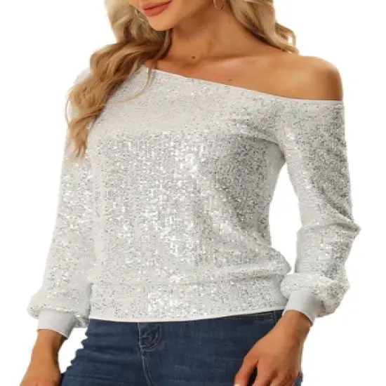 Allegra K Off Shoulder Sequins Tops for Women's Disco Party Sparkly Glitter Top image {6}