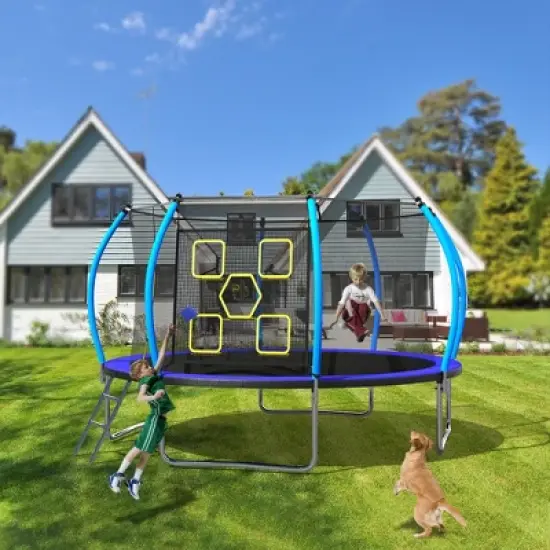 GDFStudio Guy Outdoor/Indoor Steel Ladder Round Trampoline with Enclosure and Toss Game Accessory image {8}