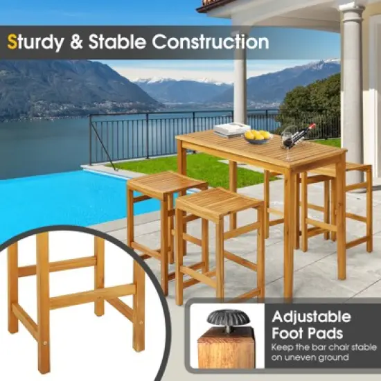 Costway 5 PCS Acacia Wood Bar Table Set 45" Rectangular Dining Table & 4 Saddle Stools image {7}