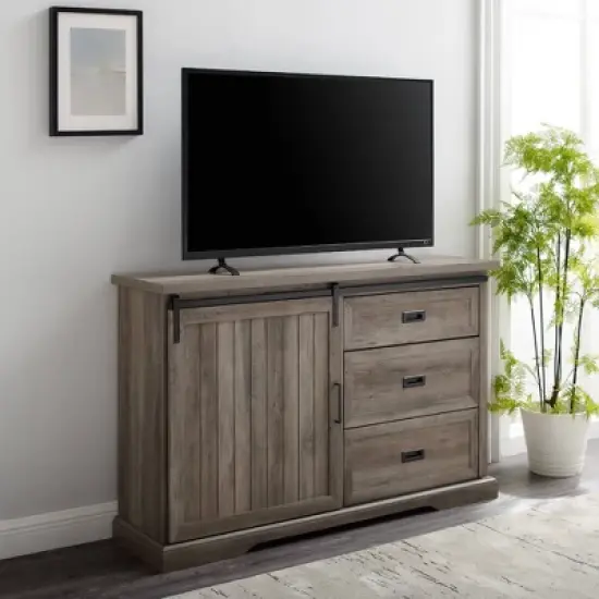 Orson Farmhouse Sliding Grooved Door Sideboard with 3 Drawers Gray Wash - Saracina Home image {2}