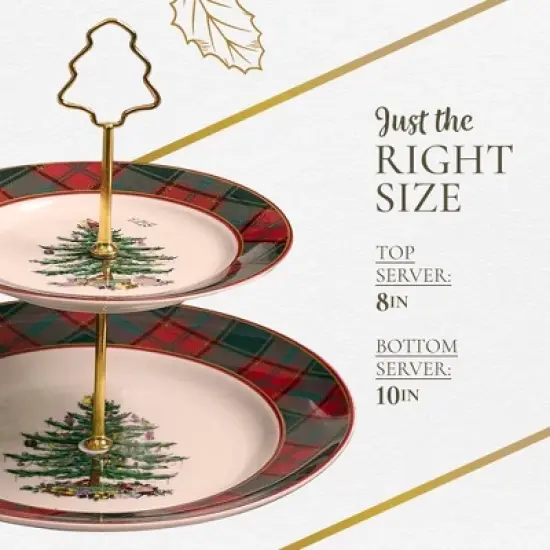 Spode Christmas Tree Tartan 2-Tiered Server, Holiday Cupcake Stand, Dessert Display Set, Earthenware Serving Platter, 10" & 8" Plates, Dishwasher Safe image {6}