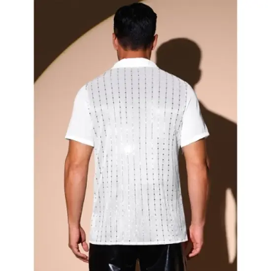 INSPIRE CHIC Men's Camp Collar Patchwork Short Sleeved Club Sequin Sheer Shirts image {2}