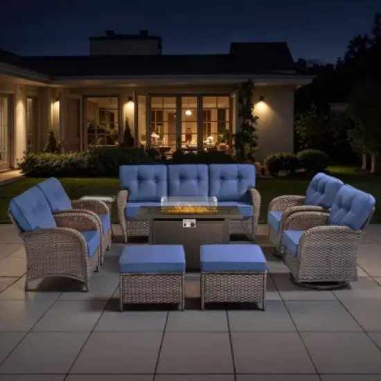 Belord Brown Wicker 9 Piece Patio Furniture Set with 5" Thick Cushions, Outdoor Fire Pit Table Set with Swivel Gliding Rocker Chairs and Club Chairs image {17}