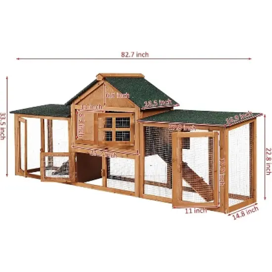 Acekool Chicken Coop with Run, 2-Tier Yellow Wooden Hen House, Large Waterproof Outdoor Poultry Cage, Double Doors, Removable Tray, 82.7'' image {6}