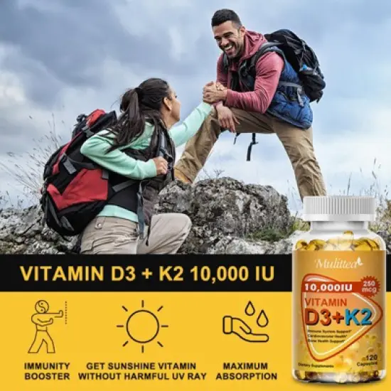 Mulittea 10000 IU Vitamin D3 K2, Support Bone & Joint Health, Increase Immunity, 60 Softgels image {2}