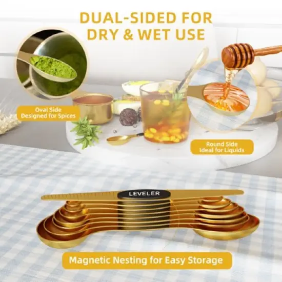 SUGIFT 15-Piece Stainless Steel Measuring Cups and Spoons Set with Dual-Sided Design, Magnetic Nesting for Dry and Liquid image {3}