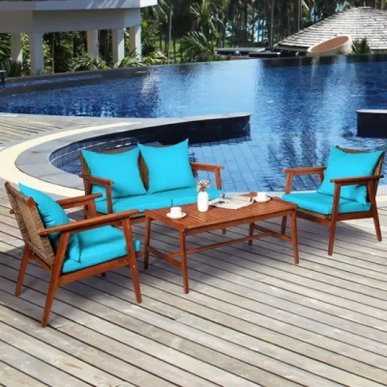 Costway 4PCS Patio Rattan Furniture Set Acacia Wood Frame Cushioned Sofa Chair Turquoise image {1}