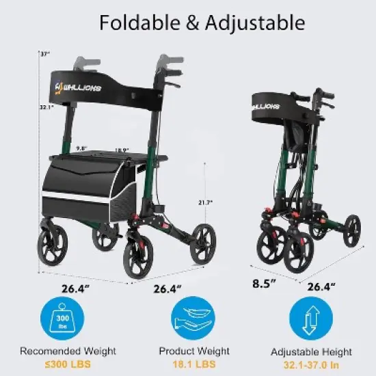 Rollator Walkers for Seniors with Seat, No Assembly Foldable 8" Non-Slip Big Wheels All Terrain Lightweight Durable Rolling Walker with Backrest image {4}