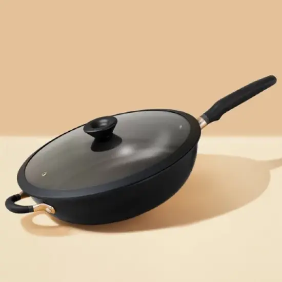 Meyer Accent Series 12.75" Hard Anodized Nonstick Induction Stir Fry Wok with Helper Handle and Glass Lid Matte Black image {9}