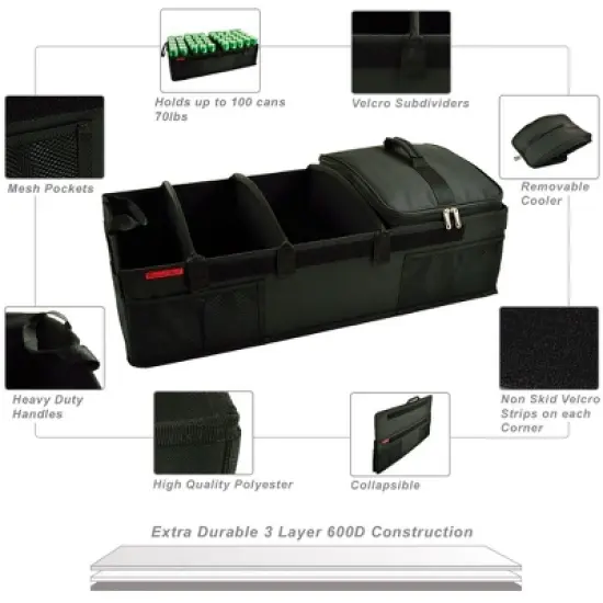 Picnic at Ascot - Ultimate Heavy Duty Trunk Organizer w/Cooler - No Slide Rigid Base - 70 LB Capacity - 30" wide x 14.75" deep X 9" high - Black image {4}