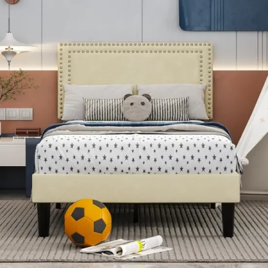 VECELO Velvet Upholstered Platform Bed Frame with Adjustable Headboard, Sturdy Wood Slats & Metal Support, No Box Spring Needed, Twin/Full/Queen Size image {7}