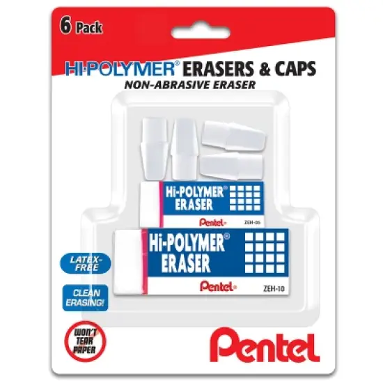 Pentel 6pk Erasers and Caps White: Hi Polymer, Large Vinyl, Latex-Free, Right/Left-Handed Design, Stationery & Office Use image {6}