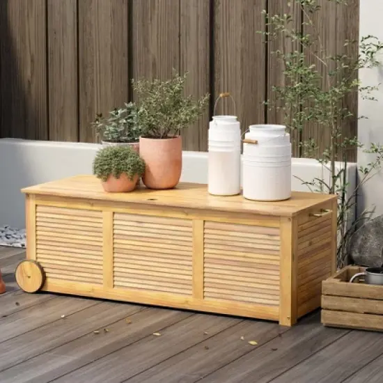 Costway 48 Gallon Acacia Wooden Patio Storage Deck Box Outdoor Storage Box with Wheels image {1}