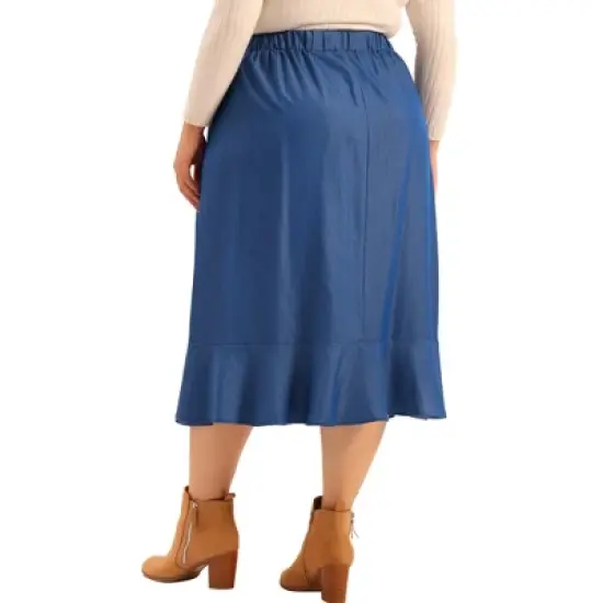 Agnes Orinda Women's Plus Size Midi Elastic Waist Denim Tiered Pleated Hem Chambray Skirts image {3}