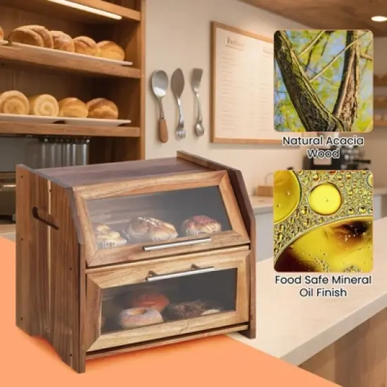 2 Layer Bread Box, Large Bread Bin with Clear Door Panels, Air Vents, Farmhouse Acacia Wood Bread Storage Container, Kitchen Countertop Bread Holder image {6}
