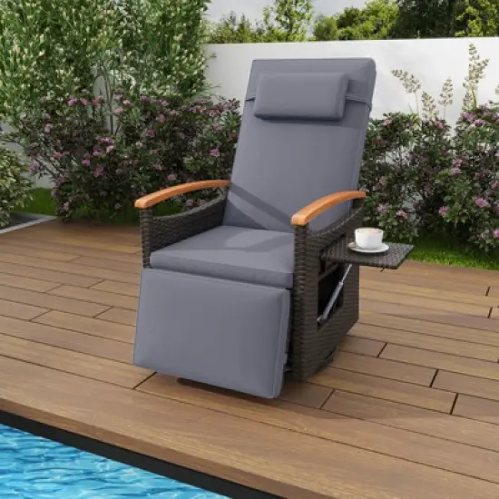 Costway Outdoor 360&deg; Swivel Rattan Recliner Chair Patio Wicker Chaise Lounge Chair Beige/Navy image {12}