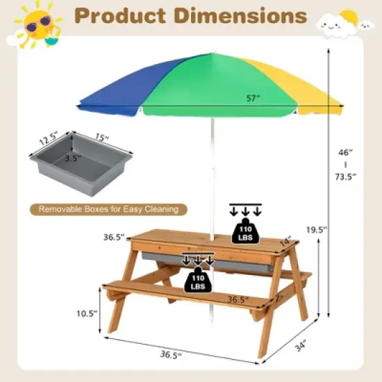 Costway 3-in-1 Kids Picnic Table Wooden Outdoor Sand & Water Table w/Umbrella Play Box es image {3}