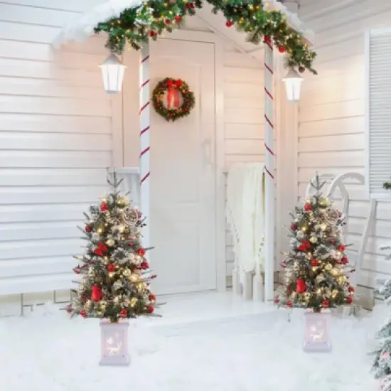 3ft Small Christmas Tree Pre-Lit Artificial Christmas Tree with 78 Led Lights, Snow Flocked Xmas Tree w/Base, Timer Function, Battery Operated image {6}