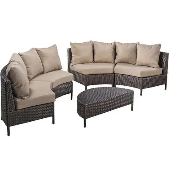 5-Piece Outdoor Wicker Half-Circle Patio Conversation Set with Cushions, Modular Sectional Sofa and Coffee Table for Backyard-The Pop Home image {2}