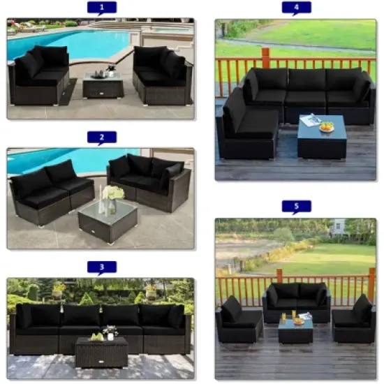 Tangkula Patio Rattan 6PCS Cushioned Sofa Set Furniture Set Thick Cushion with 34.5" Fire Pit Table for Garden Black/Blue/Red/Turquoise/Off White image {5}