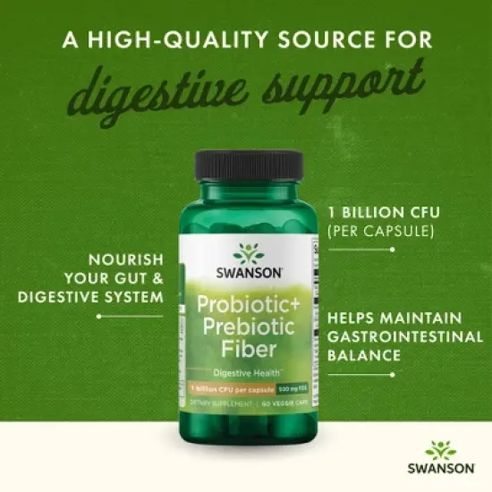 Swanson Prebiotic + Probiotic Fiber Supplement, Helps Support Digestive System & Immune Health, 500 mg FOS, 60 Veggie Capsules image {1}