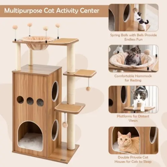 Costway 52'' Modern Cat Tree Tower Multi-level Cat Play Center w/Deluxe Hammock Natural image {5}