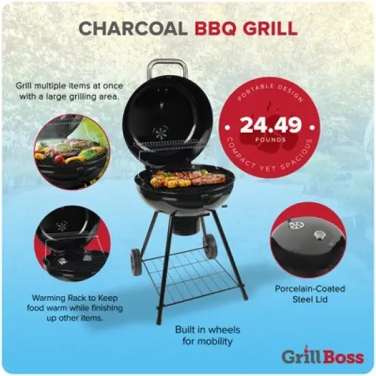 Grill Boss Kettle Charcoal Grill, Porcelain Lid, Large Cooking Area image {2}