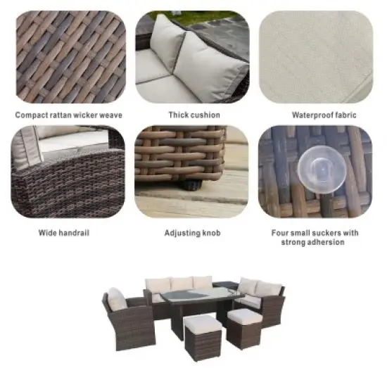 Moda Furnishings 6 - Person Wicker Patio Dining Set with Rectangular Table, Cushions Included image {5}