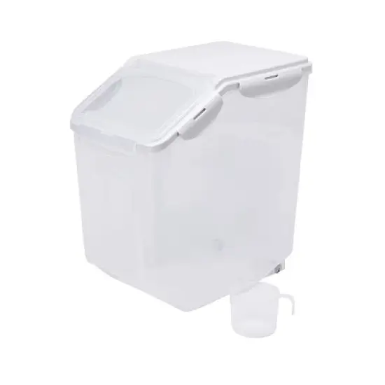 HANAMYA 15 Liter Food Storage Lidded Container with Handle, Wheels, and Measuring Cup for 30 Pounds of Rice, Flour, or Pet Food, Clear (Set of 2) image {1}