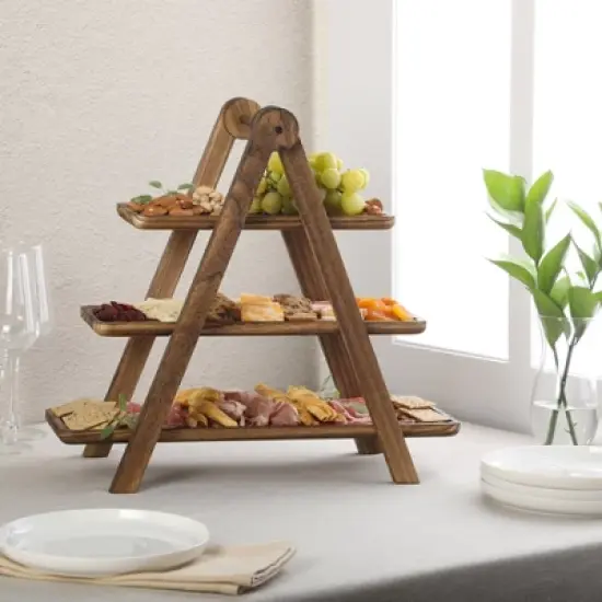 Gibson Home Truss Peak 3 Tier Serving Tray for Party, 18" Acacia Wood Cupcake/Charcuterie/ Dessert Farmhouse Tiered Platters image {2}