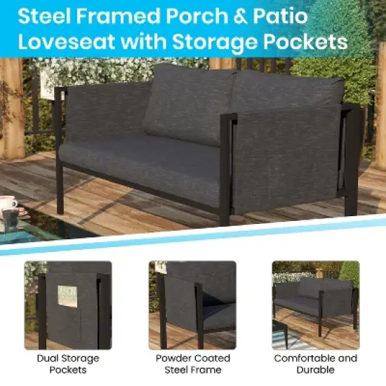 Emma and Oliver Indoor Outdoor Patio Loveseat, Steel Framed Club Chair with Cushions and 2 Storage Pockets image {2}