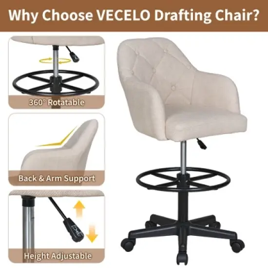 VECELO Drafting Chair with Adjustable Height PU Swivel Stool with Lumbar Support image {13}