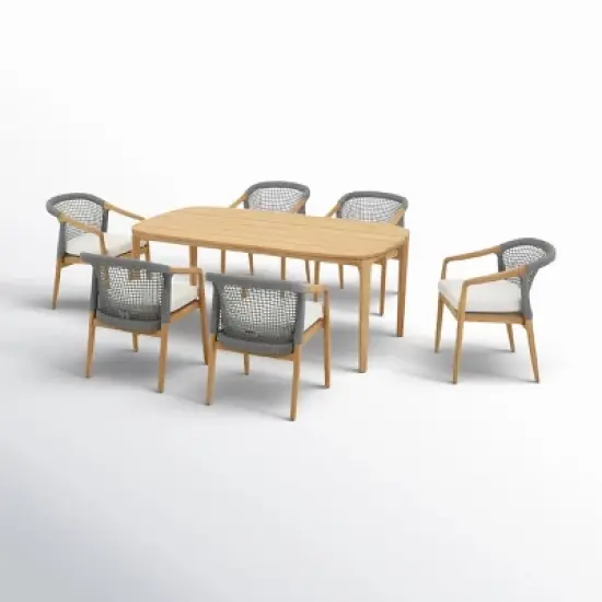 Linear Planked Wood 6 Piece Outdoor Dining Set Textured Weave Back Armchairs & Rectangular Table Ensemble image {14}