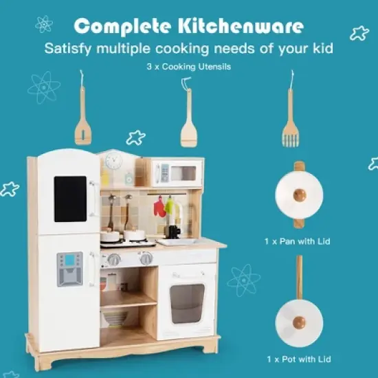 Costway Wooden Kids Pretend Kitchen Playset Cooking Play Toy w/ Utensils & Sound image {8}