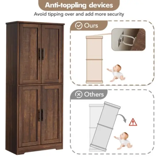 Freestanding 70" Tall Kitchen Pantry Cabinet with 4 Doors & Open Shelves, Adjustable Storage Cupboard for Dining Room, Bathroom, Living Room image {6}