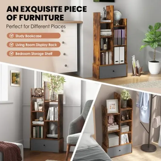 Costway Industrial Bookshelf Rustic Wooden Shelf Organizer with Non-woven Fabric Drawer image {5}