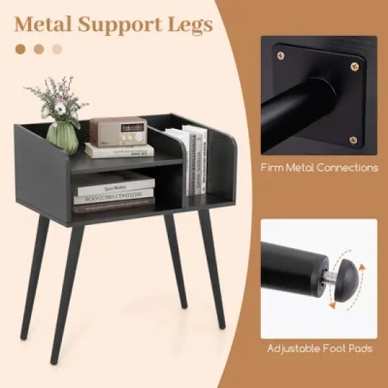 Costway Mid Century Modern End Table with Open Shelves Metal Support Legs for Bedroom White/Black/Coffee image {7}