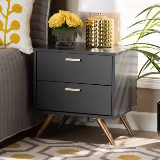Kelson Wood 2 Drawer Nightstand Dark Gray/Gold - Baxton Studio image {3}