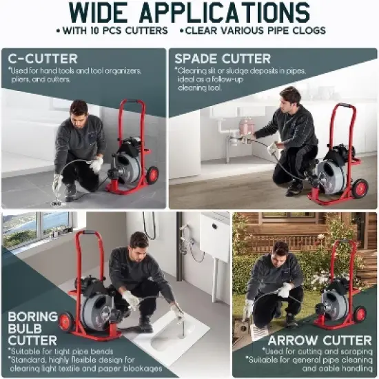 AMERLIFE Electric Drain Cleaner Machine with Auto-Feed & 10 Cutters, Sewer Snake Auger image {2}