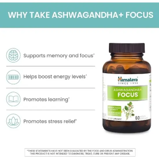 Himalaya Ashwagandha+ Focus with Ashwagandha, Bacopa, Rosemary & Green Tea for Memory, 60 Capsules, 1 Month Supply, Vegan, Gluten Free image {3}