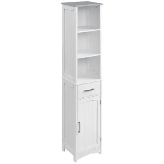 kleankin Tall Bathroom Storage Cabinet with 3 Tier Shelf, Cupboard, Drawer, Door, Freestanding Linen Tower, Slim Side Organizer, White image {3}