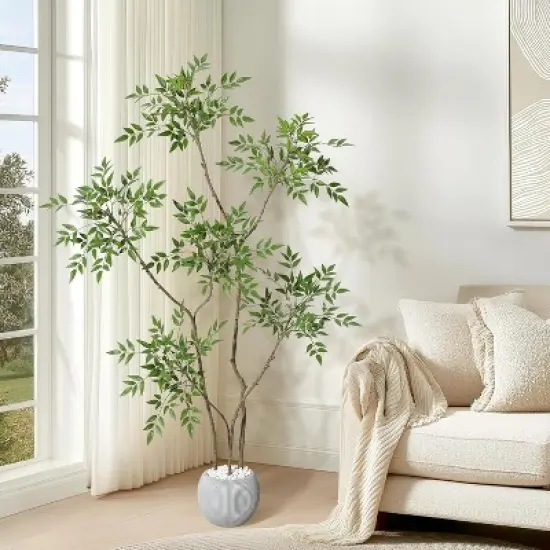 Artificial Plants Indoor, Tall Faux Floor Plant in Pot, Nandina Artificial Tree with White Planter for Home Decor Office Living Room image {8}