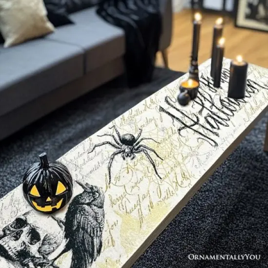 Elegant 72" Gothic Jacquard Table Runner, Halloween Tablecloth with Spider Webs and Black Ravens| OrnamentallyYou image {4}