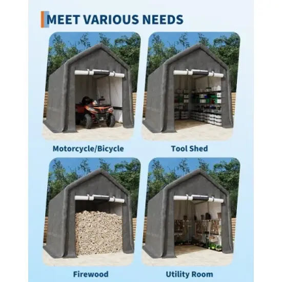 10x10FT Outdoor Storage Shed Carport with Roll-Up Zipper Door, Portable Garage Storage Shelter Heavy Duty Waterproof PE Tarp for Bike, ATV, Grey image {2}